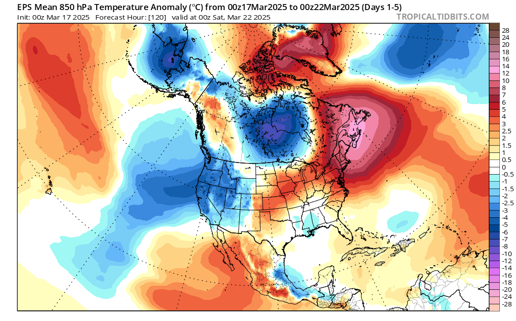 EPS 1-5 day mean 850 mb temperature